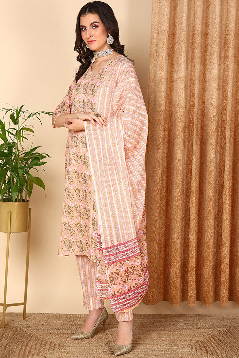 Plus Size Peach Pure Cotton Floral Printed Straight Suit Set VKSKD2007