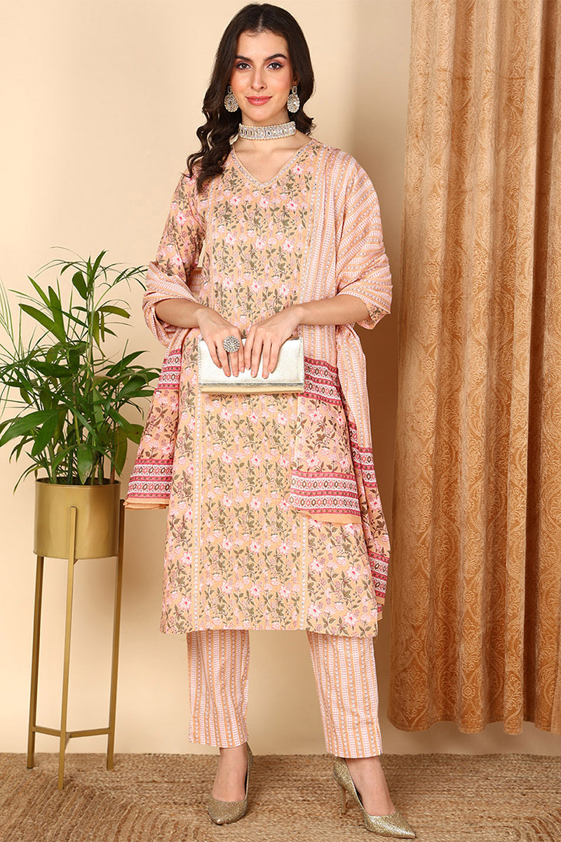 Plus Size Peach Pure Cotton Floral Printed Straight Suit Set VKSKD2007