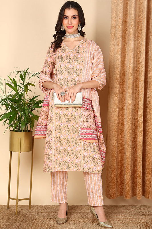 Peach Pure Cotton Floral Printed Straight Suit Set VKSKD2007