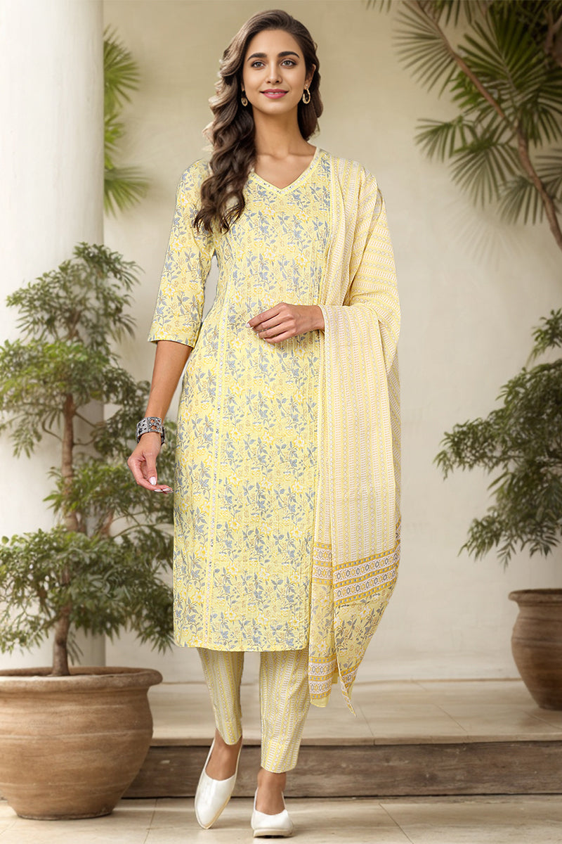 Plus Size Yellow Pure Cotton Floral Printed Straight Suit Set VKSKD2008