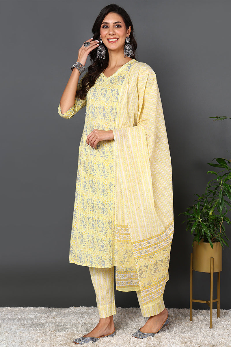 Plus Size Yellow Pure Cotton Floral Printed Straight Suit Set VKSKD2008