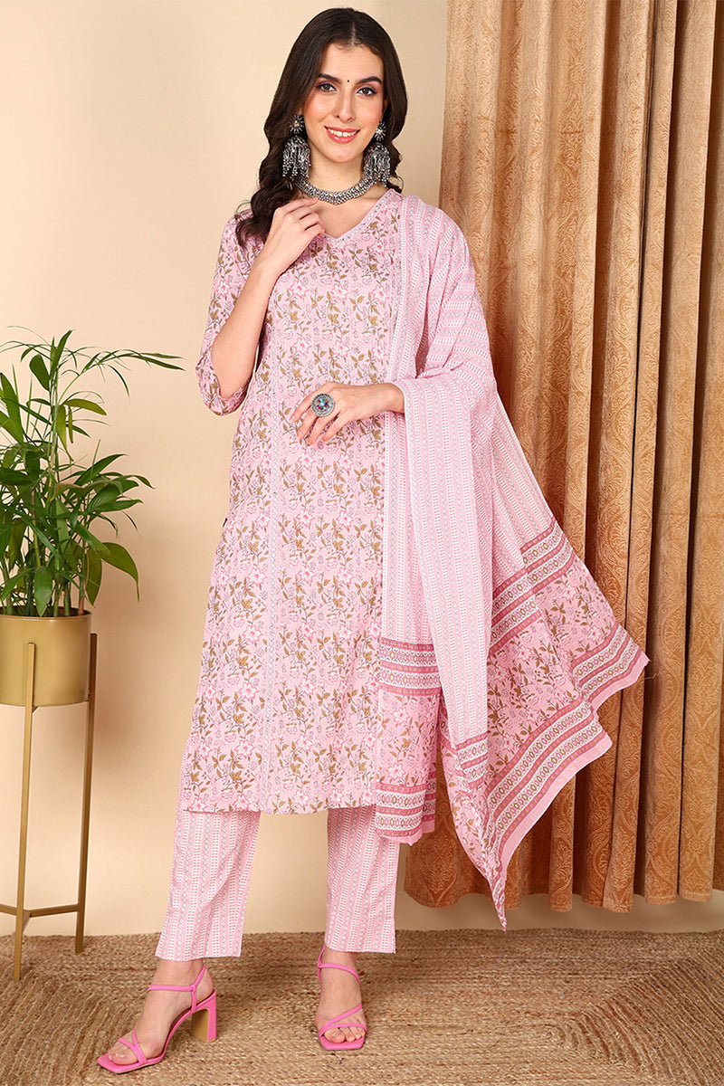 Plus Size Pink Pure Cotton Floral Printed Straight Suit Set VKSKD2009