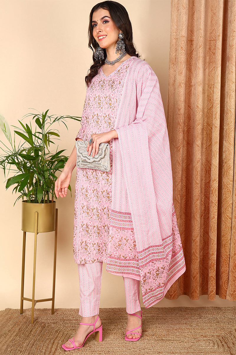 Plus Size Pink Pure Cotton Floral Printed Straight Suit Set VKSKD2009