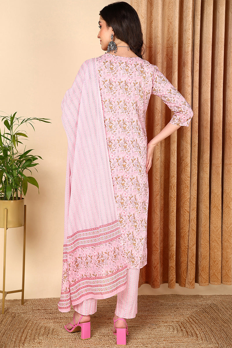 Pink Pure Cotton Floral Printed Straight Suit Set VKSKD2009