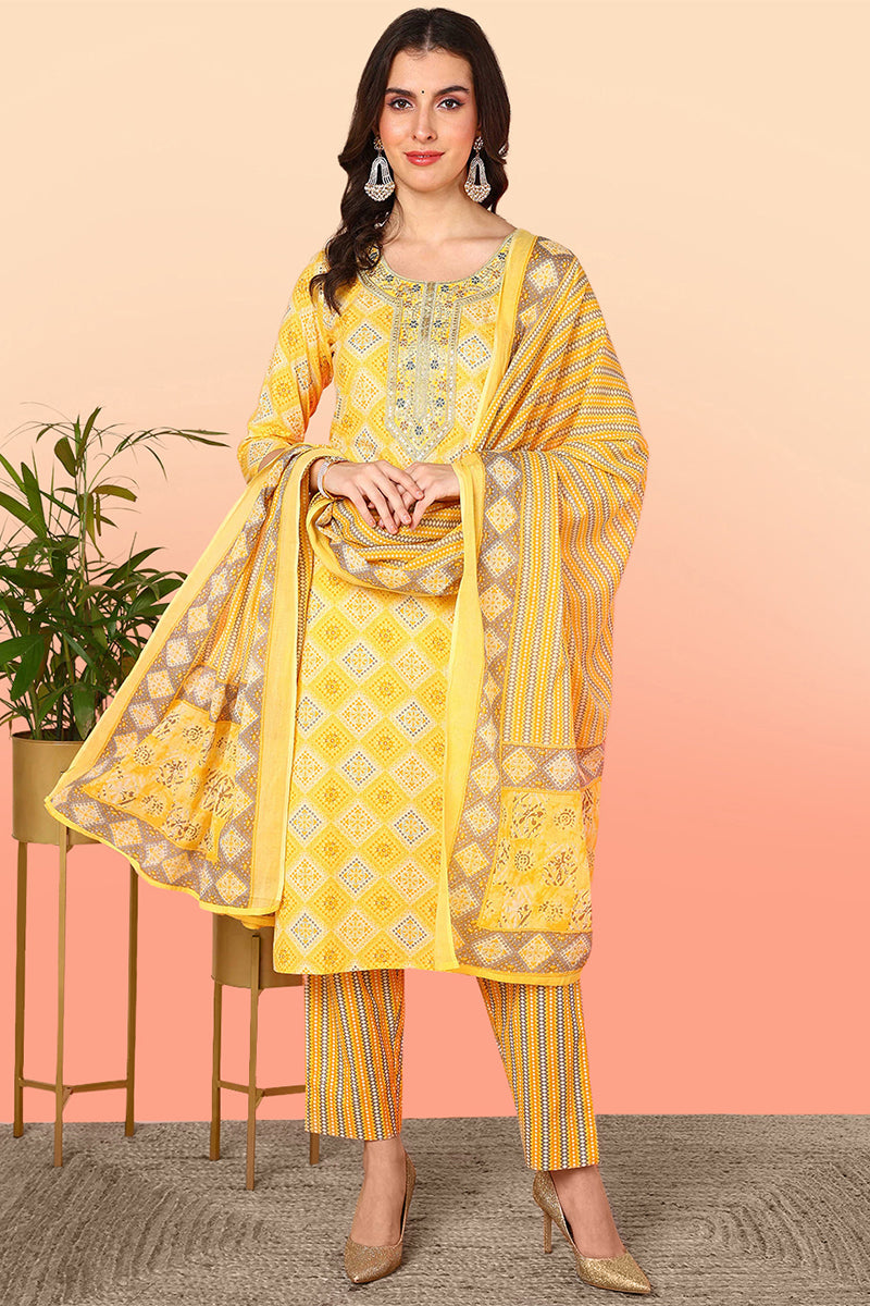 Yellow Pure Cotton Geometric Printed Yoke Design Suit Set VKSKD2012