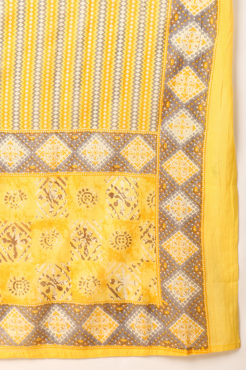 Yellow Pure Cotton Geometric Printed Yoke Design Suit Set VKSKD2012