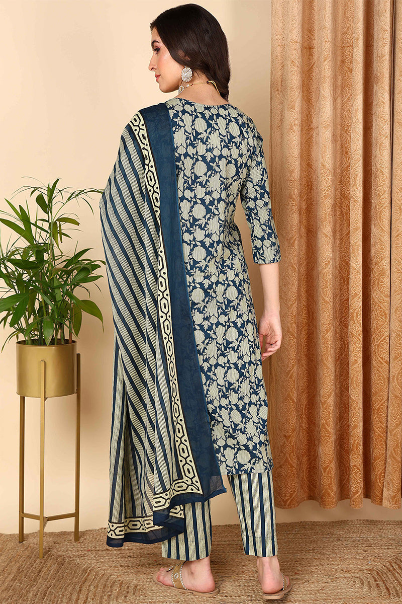 Navy Blue Pure Cotton Floral Printed Straight Suit Set VKSKD2015