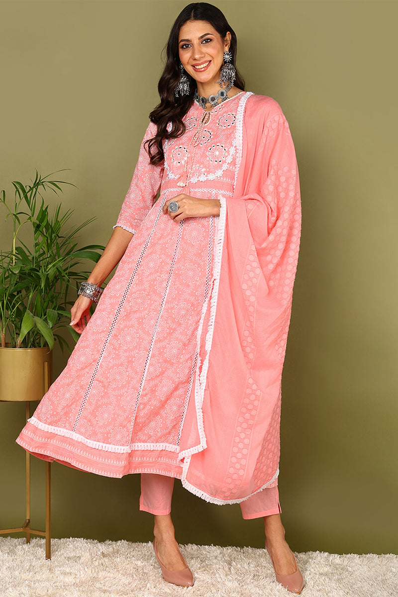 Pink Pure Cotton Solid Yoke Design Anarkali Suit Set VKSKD2026