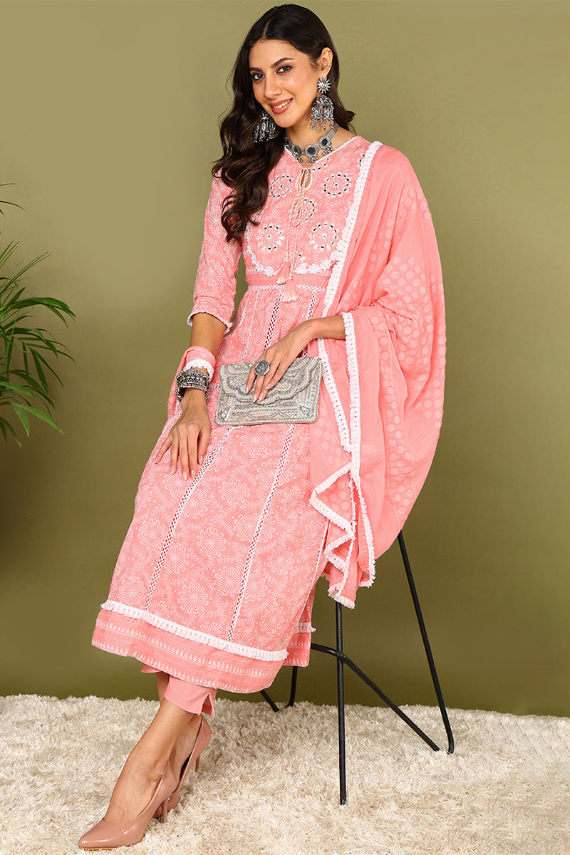 Pink Pure Cotton Solid Yoke Design Anarkali Suit Set VKSKD2026