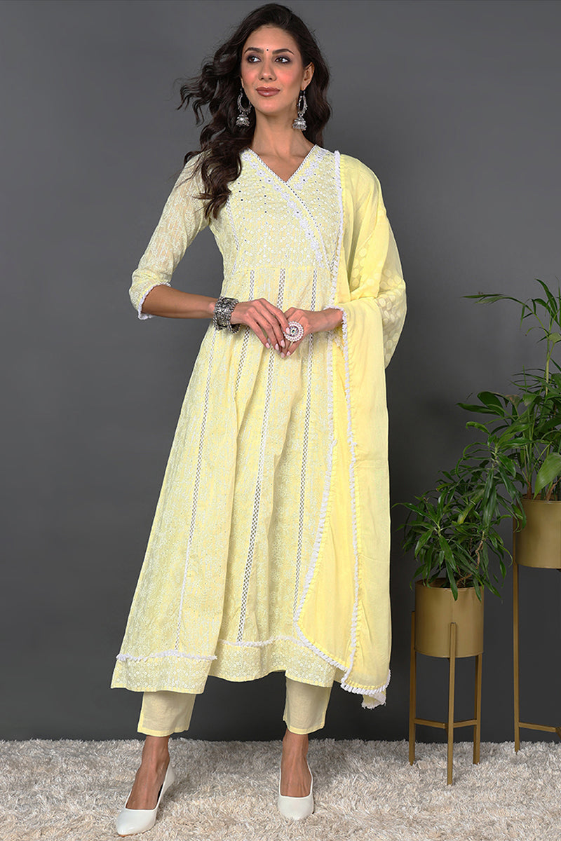 Yellow Pure Cotton Floral Printed Angarkha Style Suit Set VKSKD2027