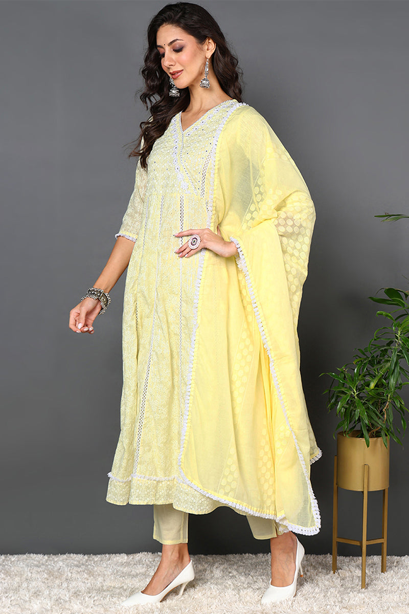 Yellow Pure Cotton Floral Printed Angarkha Style Suit Set VKSKD2027