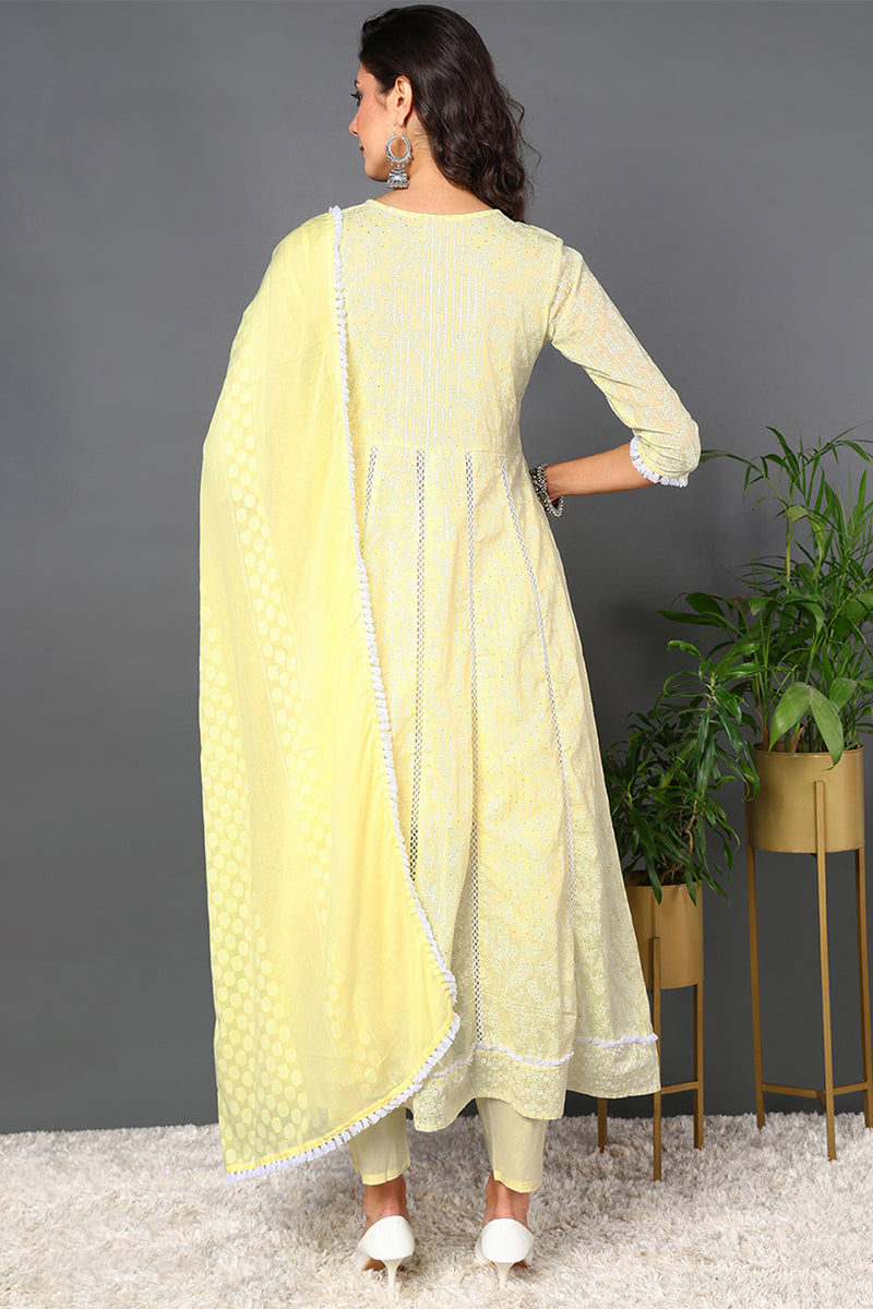 Yellow Pure Cotton Floral Printed Angarkha Style Suit Set VKSKD2027