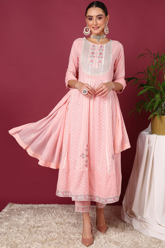 Pink Pure Cotton Ethnic Motifs Printed Yoke Design A-Line Suit Set VKSKD2029