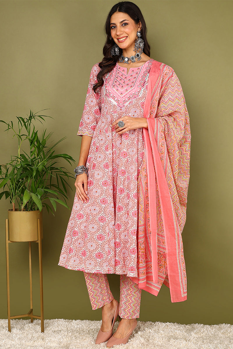 Pink Pure Cotton Floral Printed Yoke Design Anarkali Style Suit Set VKSKD2034