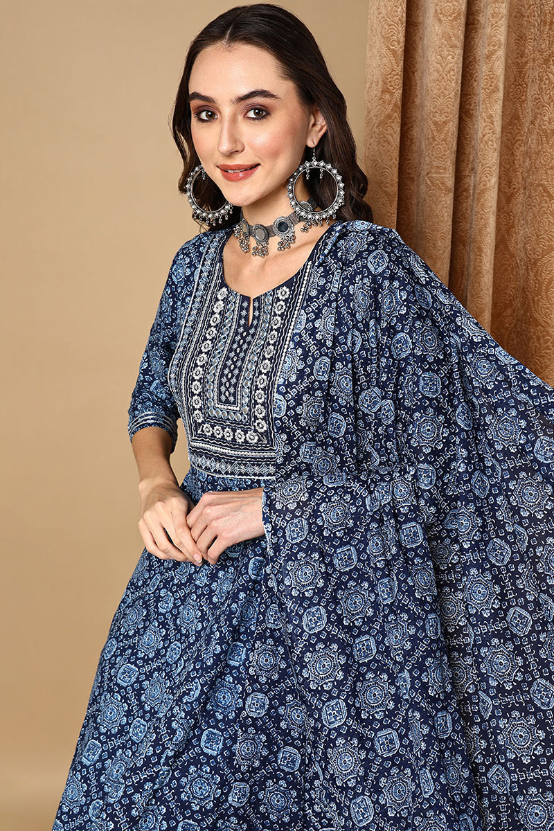 Blue Pure Cotton Ethnic Motifs Printed Anarkali Suit Set VKSKD2035