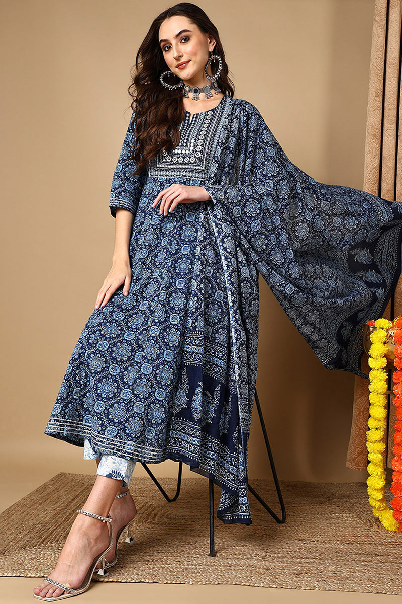 Blue Pure Cotton Ethnic Motifs Printed Anarkali Suit Set VKSKD2035