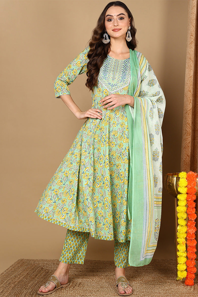 Green Pure Cotton Floral Printed Yoke Design Anarkali Suit Set VKSKD2042