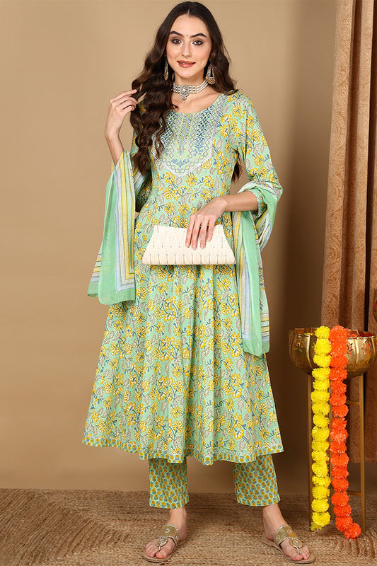 Green Pure Cotton Floral Printed Yoke Design Anarkali Suit Set VKSKD2042
