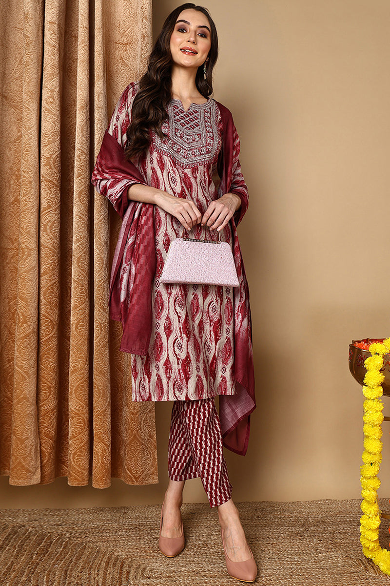 Maroon Silk Blend Printed Ethnic Motifs Yoke Design Suit Set VKSKD2043