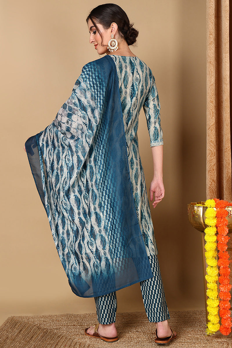 Blue Silk Blend Ethnic Motifs Printed Yoke Design Suit Set VKSKD2044