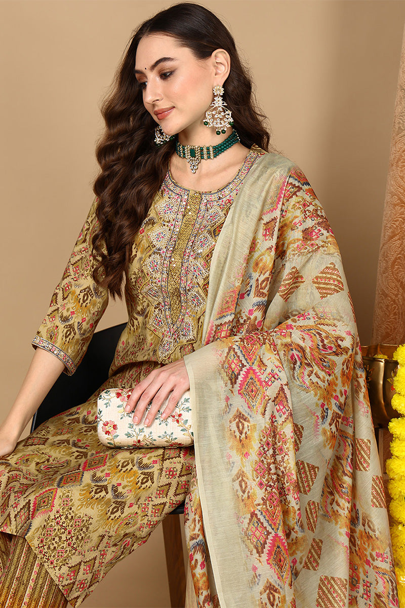 Mustard Yellow Cotton Geometric Printed Straight Suit Set VKSKD2047