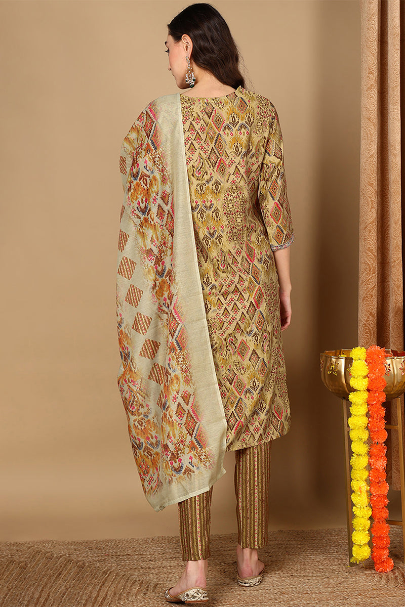 Mustard Yellow Cotton Geometric Printed Straight Suit Set VKSKD2047