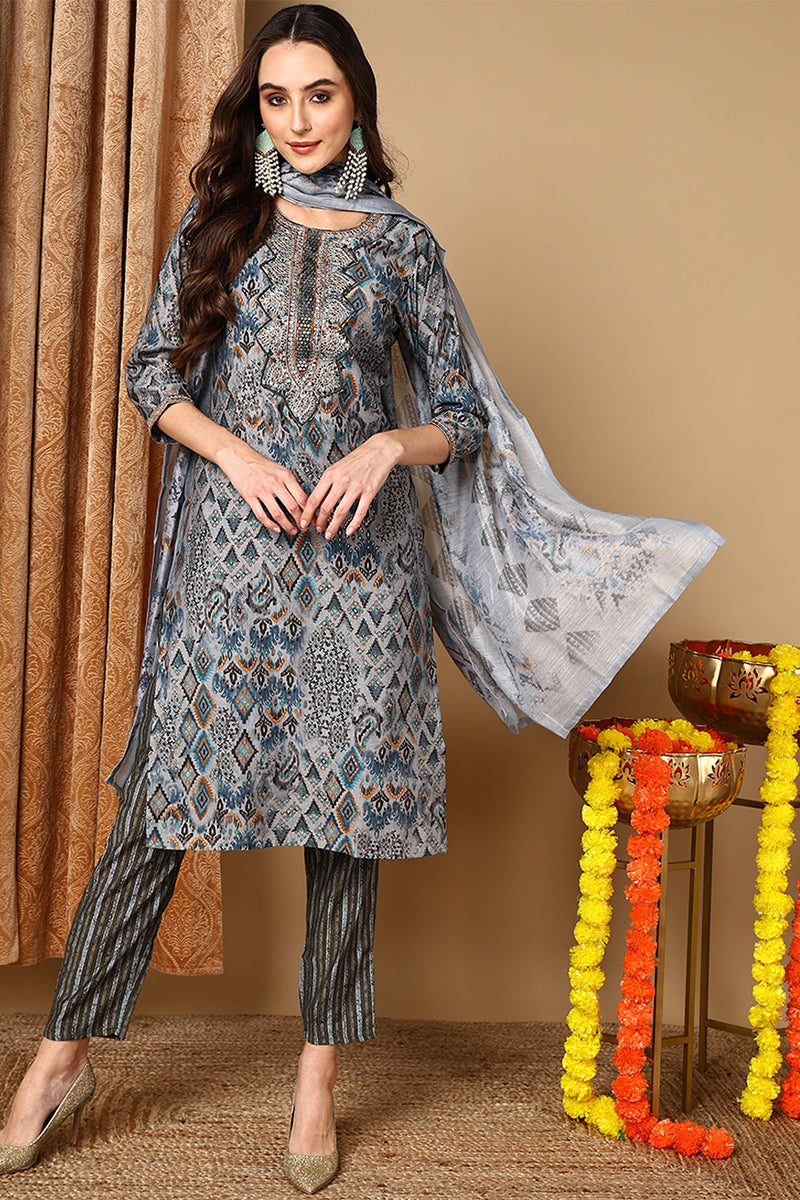 Grey Pure Cotton Ethnic Motifs Printed Straight Suit Set VKSKD2048