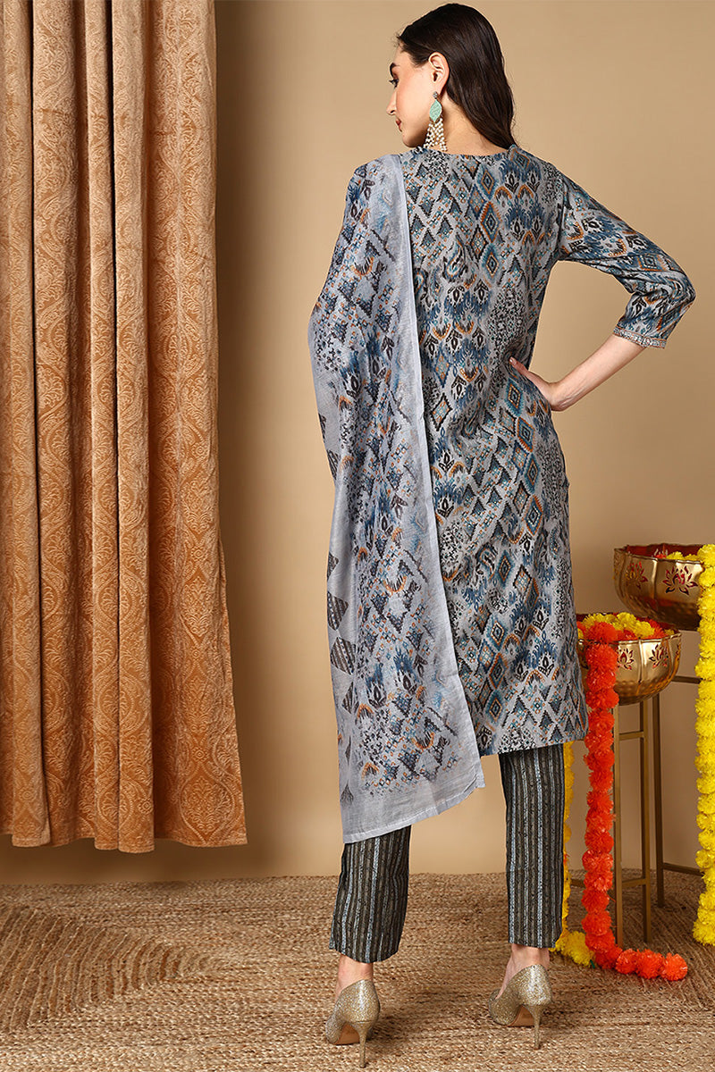 Grey Pure Cotton Ethnic Motifs Printed Straight Suit Set VKSKD2048