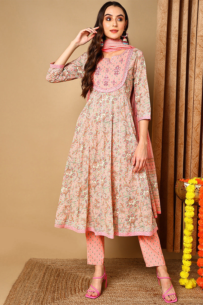 Peach Pure Cotton Ethnic Motifs Printed Anarkali Style Suit Set VKSKD2049