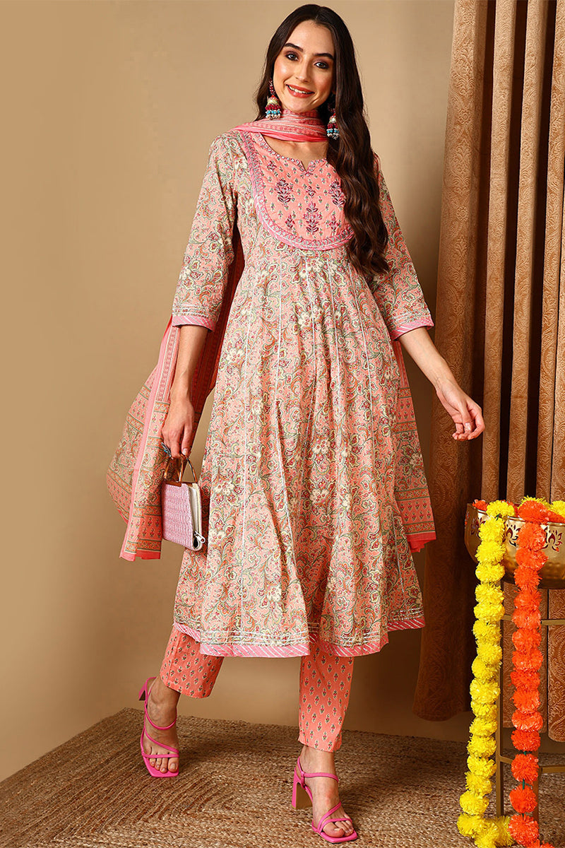 Peach Pure Cotton Ethnic Motifs Printed Anarkali Style Suit Set VKSKD2049