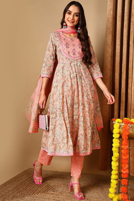 Peach Pure Cotton Ethnic Motifs Printed Anarkali Style Suit Set VKSKD2049