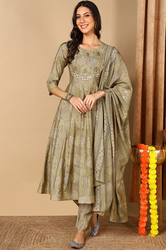 Olive Green Pure Cotton Floral Printed Yoke Design Anarkali Suit Set VKSKD2051