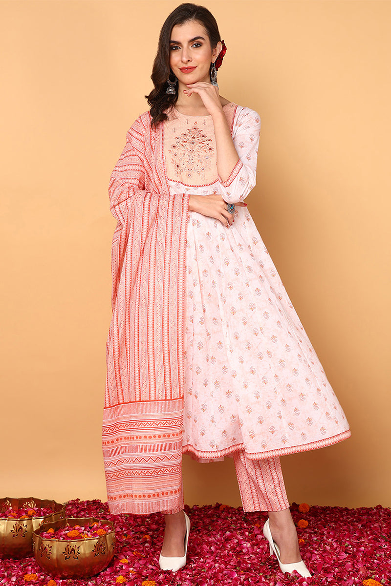 Peach Pure Cotton Ethnic Motifs Yoke Design Flared Suit Set VKSKD2053