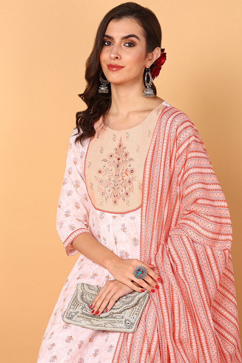 Peach Pure Cotton Ethnic Motifs Yoke Design Flared Suit Set VKSKD2053