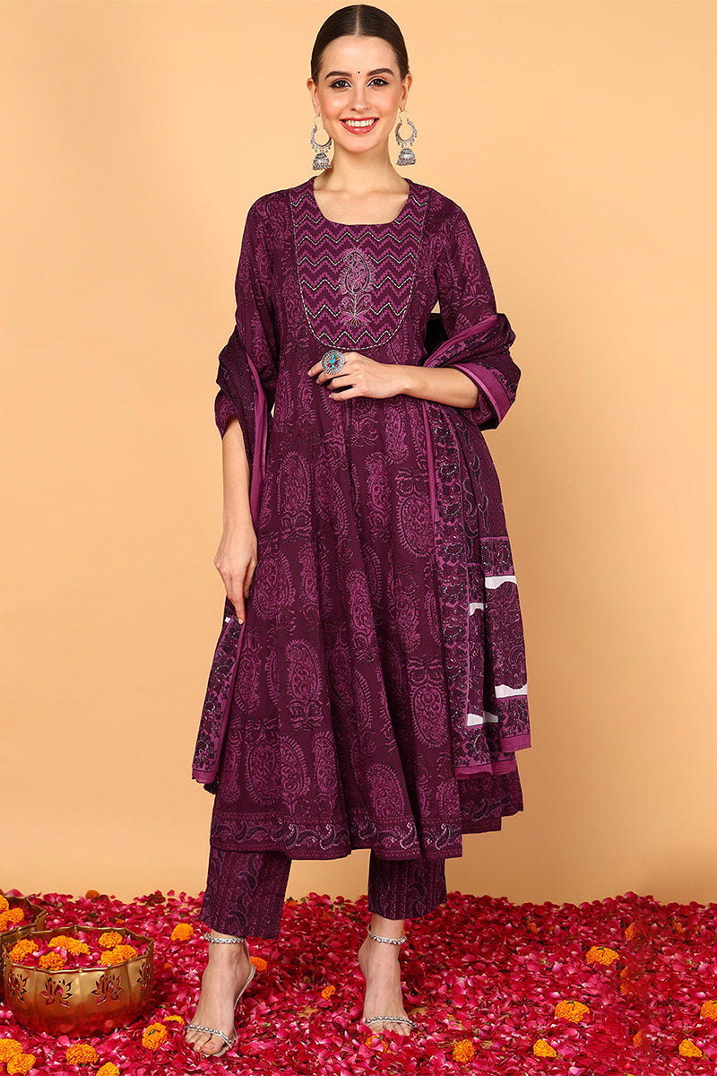 Magenta Pure Cotton Ethnic Motifs Yoke Design Flared Suit Set VKSKD2055