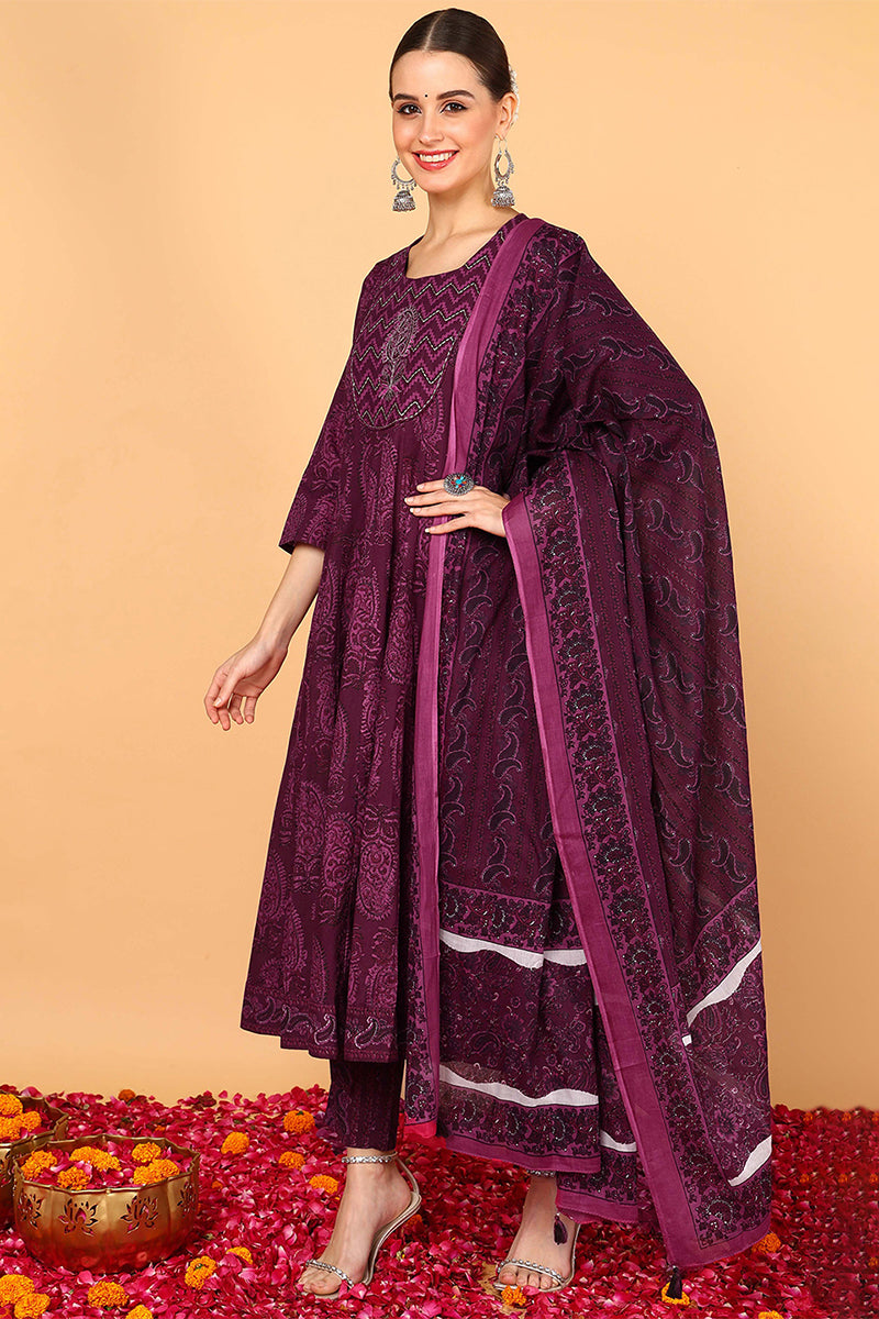 Magenta Pure Cotton Ethnic Motifs Yoke Design Flared Suit Set VKSKD2055