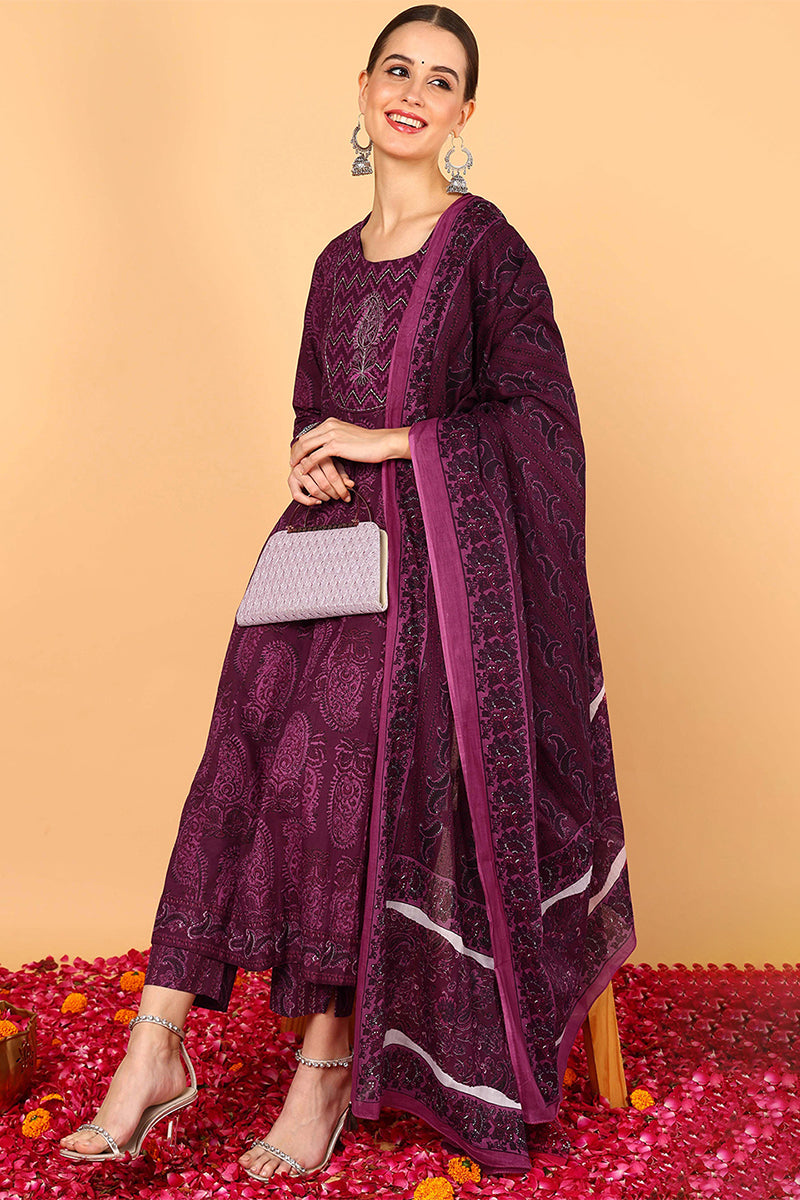 Magenta Pure Cotton Ethnic Motifs Yoke Design Flared Suit Set VKSKD2055