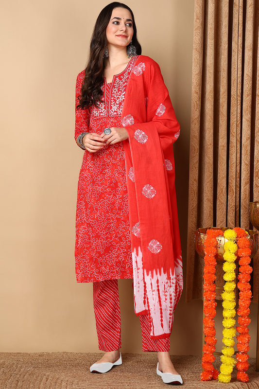Red Pure Cotton Ethnic Motifs Embroidered Straight Suit Set VKSKD2057
