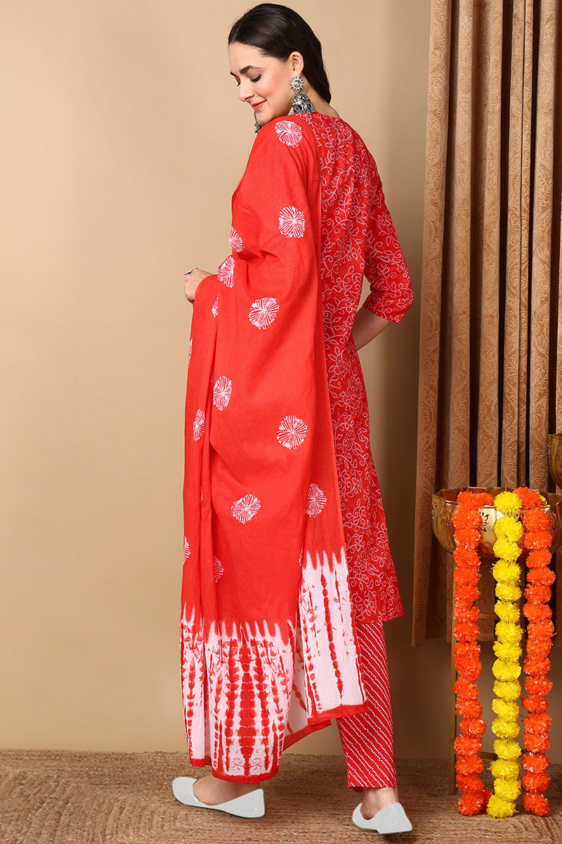 Red Pure Cotton Ethnic Motifs Embroidered Straight Suit Set VKSKD2057