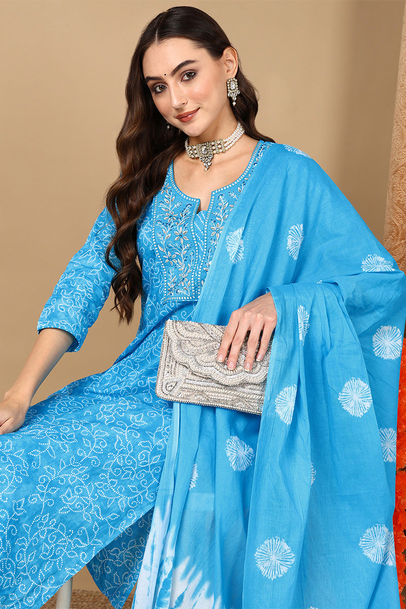 Blue Pure Cotton Bandhani Printed Embroidered Suit Set VKSKD2058