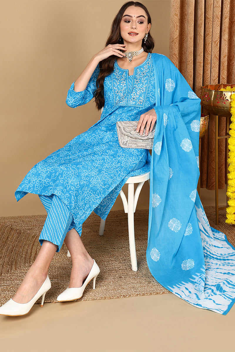 Blue Pure Cotton Bandhani Printed Embroidered Suit Set VKSKD2058