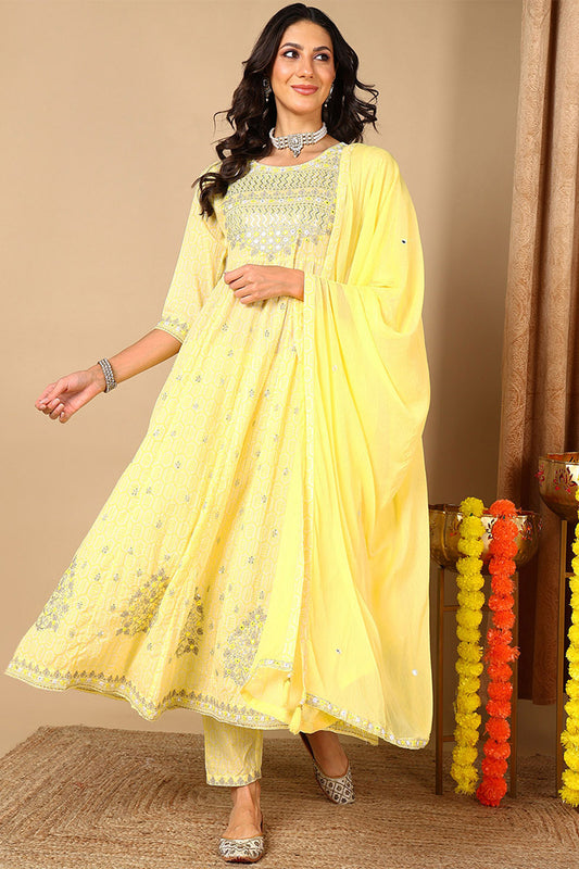Yellow Pure Cotton Geometric Printed Embroidered Anarkali Suit Set VKSKD2059