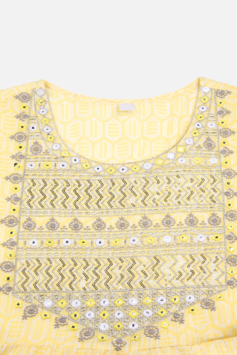 Yellow Pure Cotton Geometric Printed Embroidered Anarkali Suit Set VKSKD2059