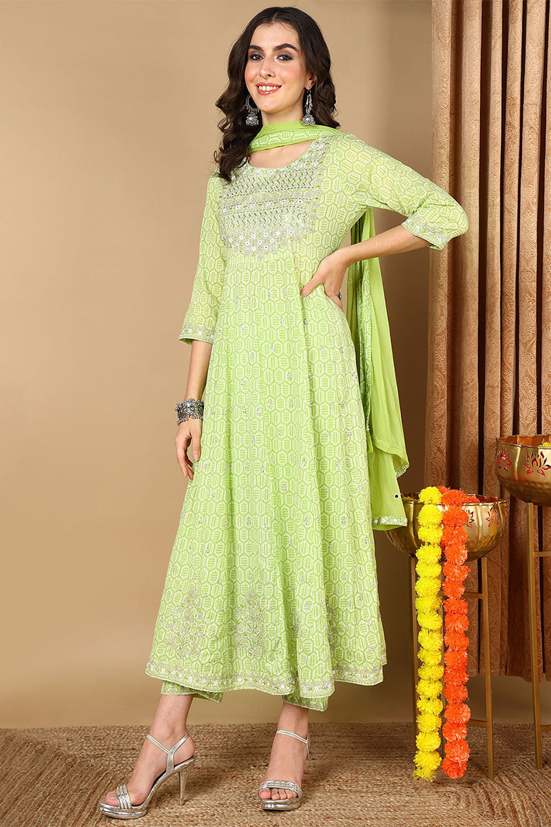 Green Pure Cotton Geometric Printed Straight Suit Set VKSKD2060