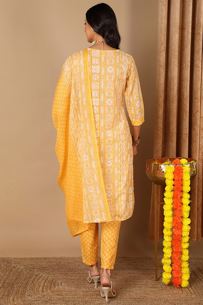Yellow Poly Cotton Ethnic Motifs Printed Embroidered Straight Suit Set VKSKD2062