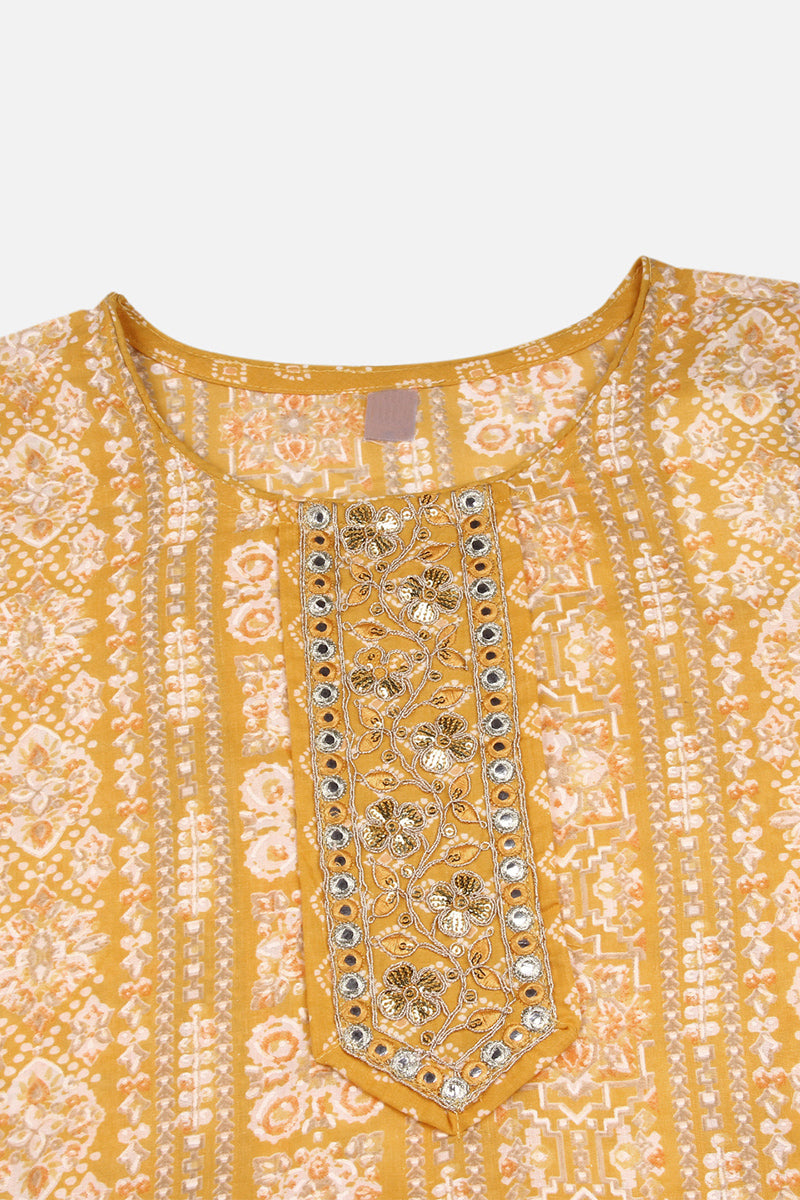Yellow Poly Cotton Ethnic Motifs Printed Embroidered Straight Suit Set VKSKD2062
