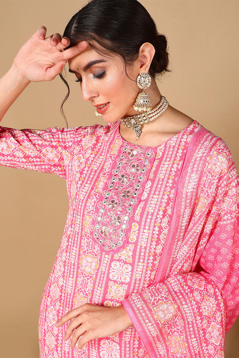 Pink Poly Cotton Ethnic Motifs Printed Suit Set VKSKD2063