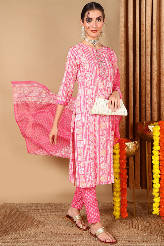 Pink Poly Cotton Ethnic Motifs Printed Suit Set VKSKD2063