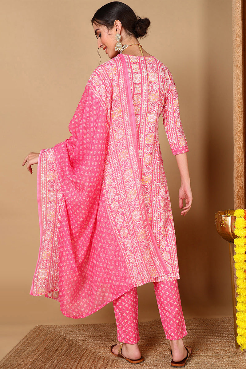 Pink Poly Cotton Ethnic Motifs Printed Suit Set VKSKD2063