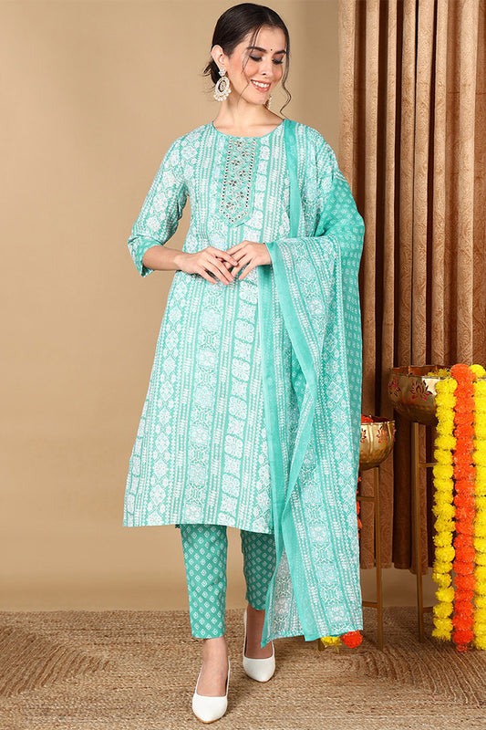 Turquoise Blue Poly Cotton Ethnic Motifs Printed Suit Set VKSKD2065